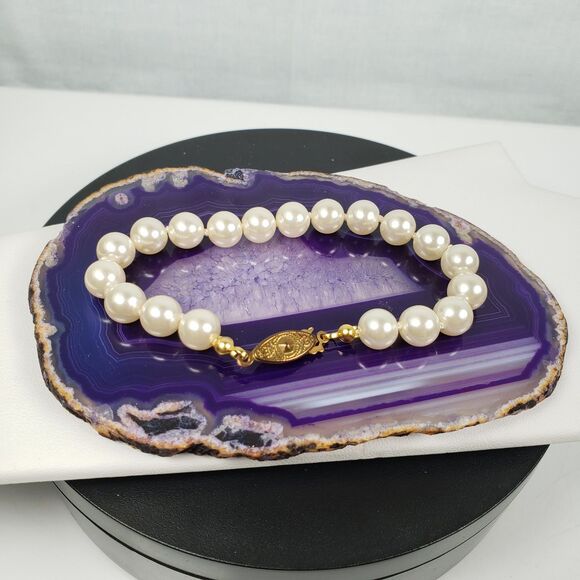 Vintage Knotted Faux Pearl Gold Tone Fish Hook Clasp 17"  Necklace & 7” Bracelet - Picture 16 of 16